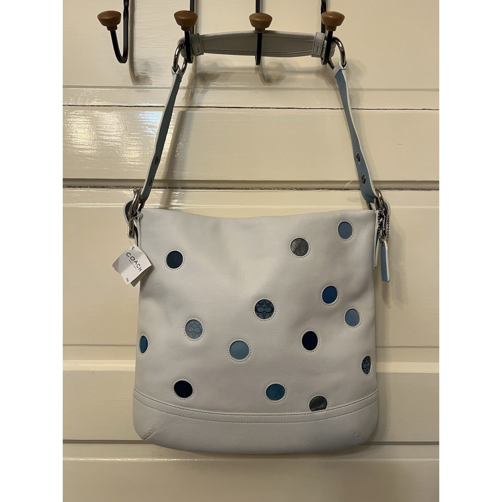 NWT Coach F10651‎ Polka Dot Leather Jacquard Blue White Duffle Bag Vintage Y2K
